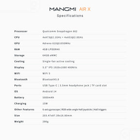 Console Portatil MANGMI AIR X Snapdragon  Android 14 , Tela IPS 5.5  Touch Screen