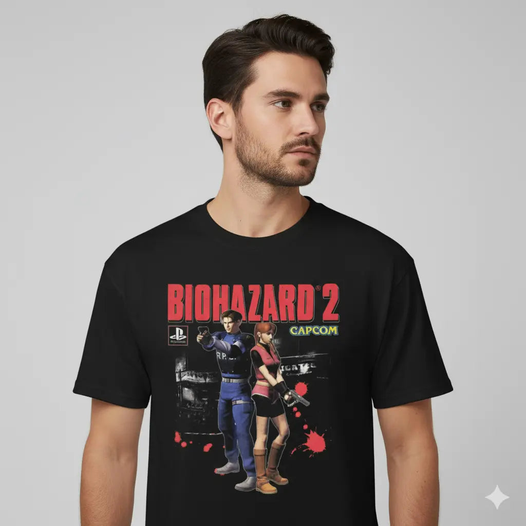 Camiseta algodao Premium Resident Evil 2 Biohazard 2 "Leon & Claire"