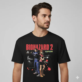Camiseta algodao Premium Resident Evil 2 Biohazard 2 "Leon & Claire"