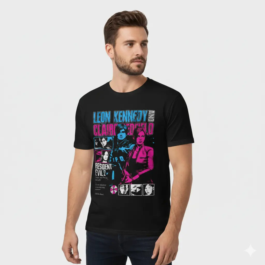 Camiseta Algodão Premium Resident Evil 2: "Leon Kennedy & Claire Redfield Neon"