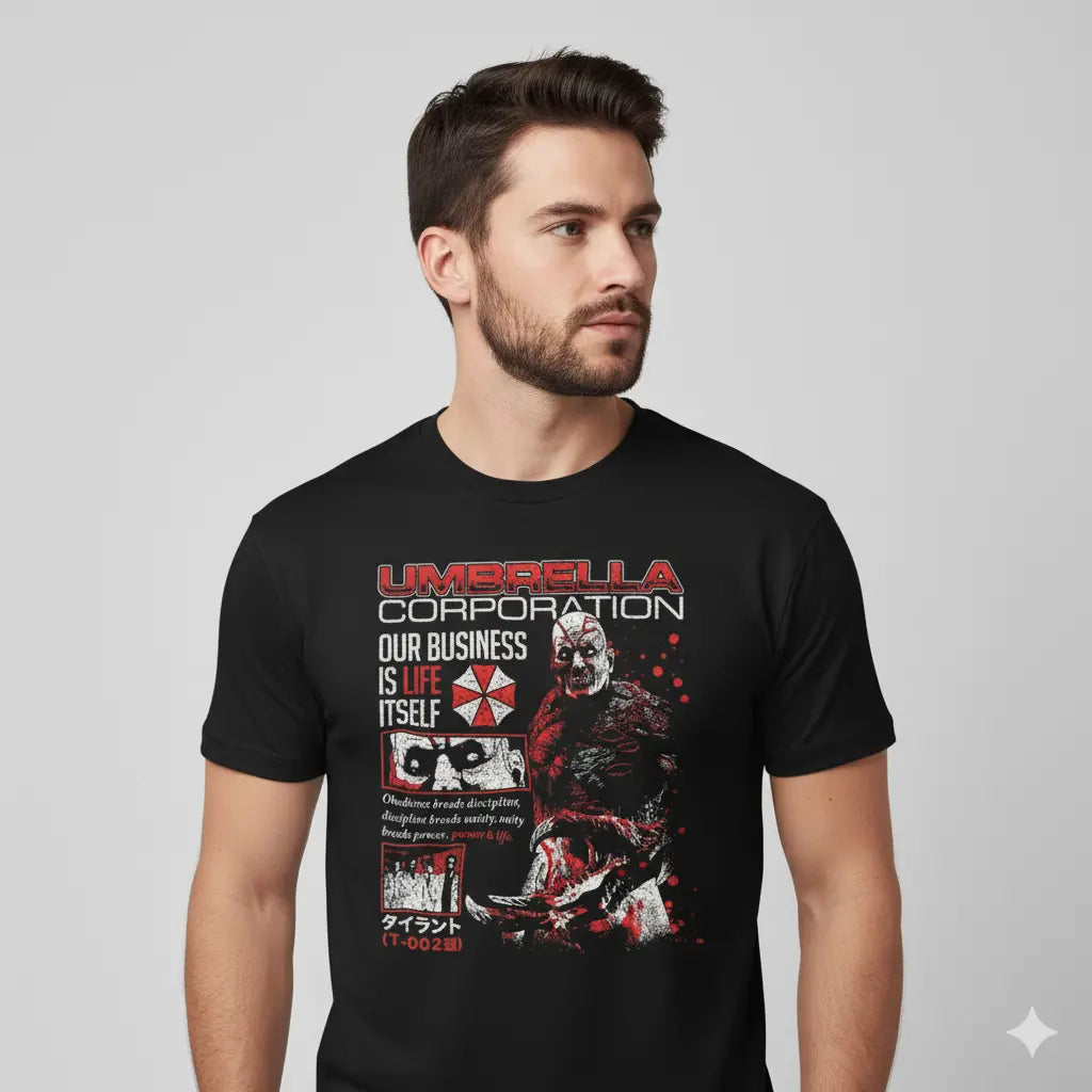 Camiseta Algodão Premium Resident Evil Umbrella Corporation: "Our Business Is Life Itself"
