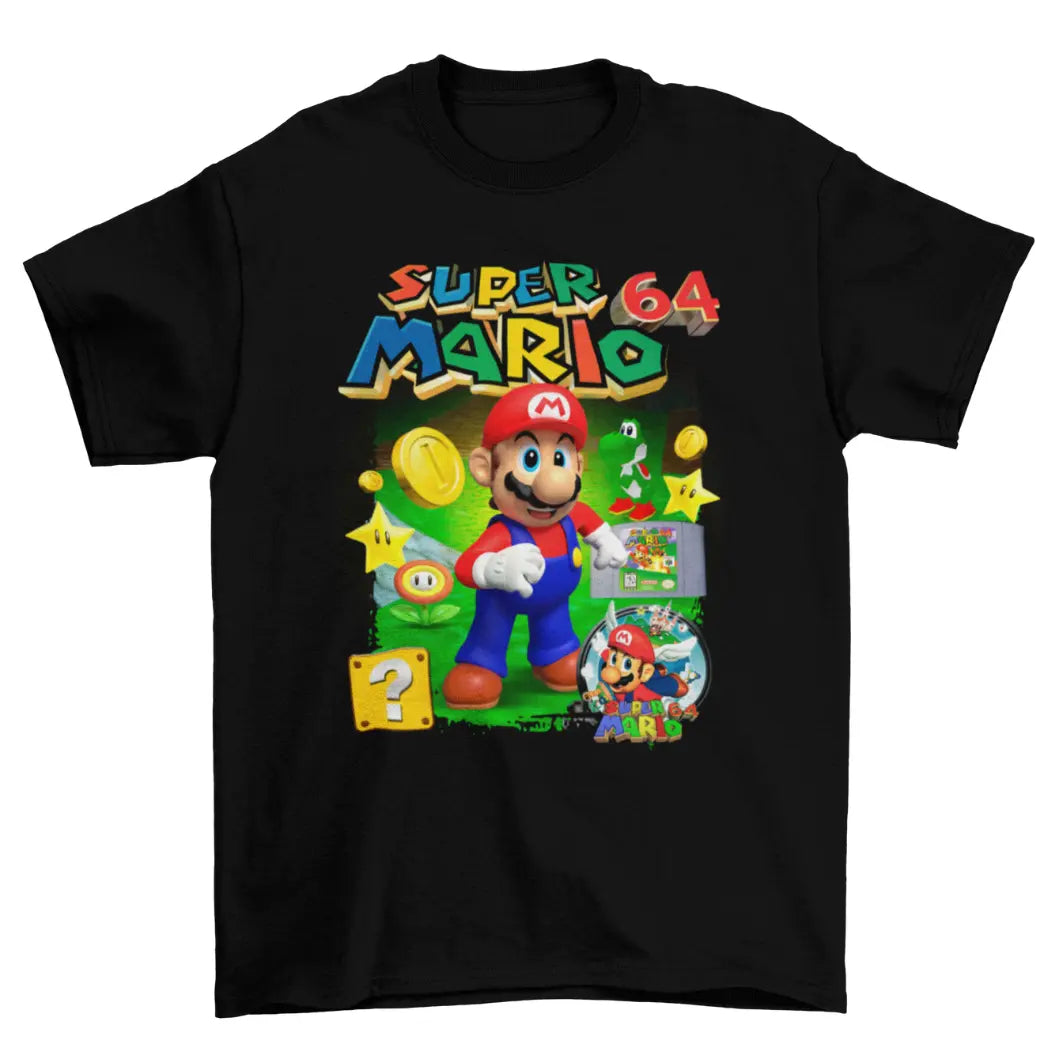 Camiseta Algodão Premium Super Mario 64 (Nintendo 64) – Mario Coins Stars & Castle