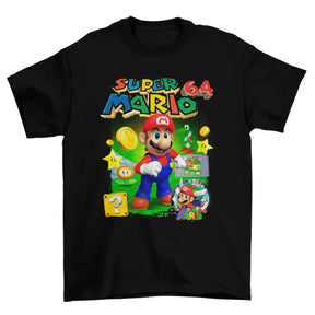 Camiseta Algodão Premium Super Mario 64 (Nintendo 64) – Mario Coins Stars & Castle