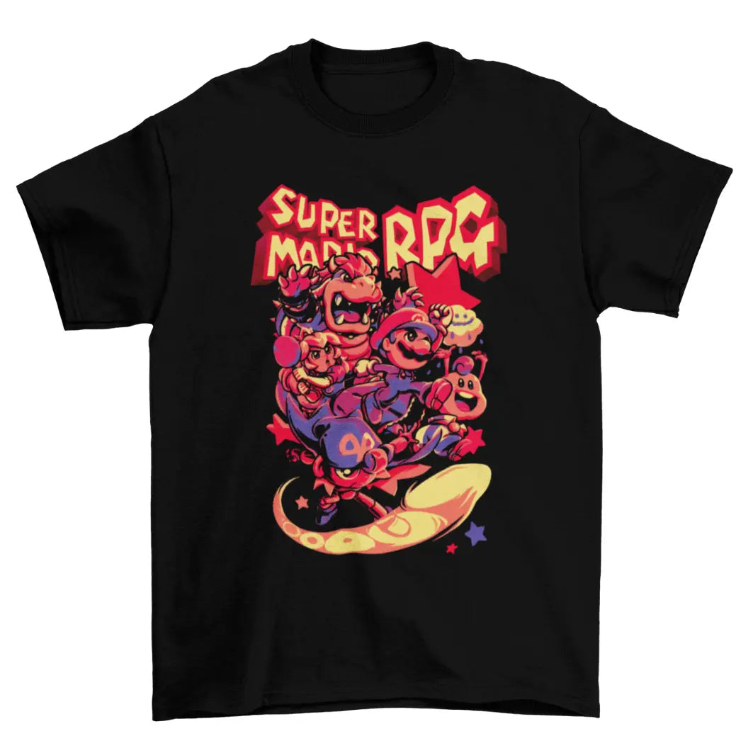 Camiseta Algodão Premium Super Mario RPG – SNES – “Party Heroes Red & Gold Style”