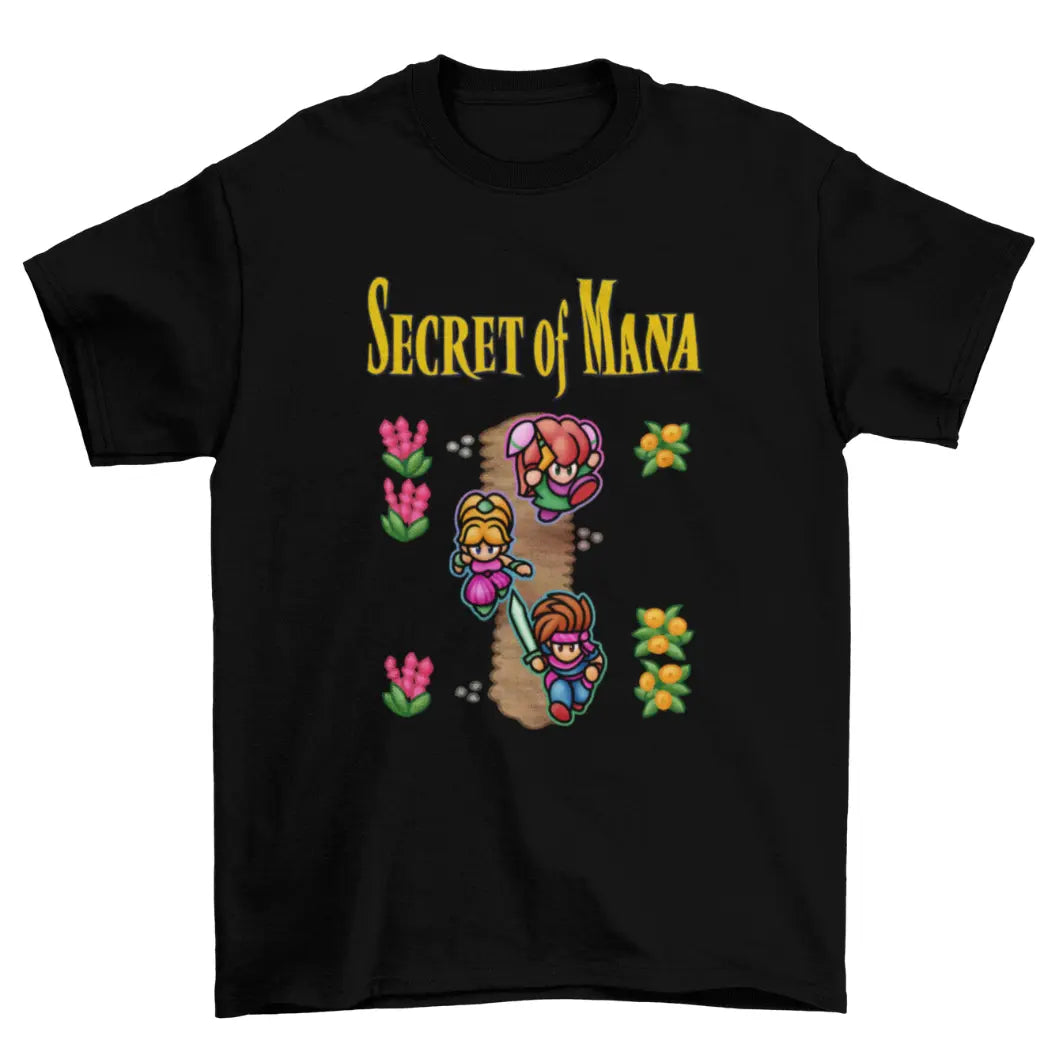 Camiseta Algodão Premium Secret of Mana – SNES – "Adventure Trio"