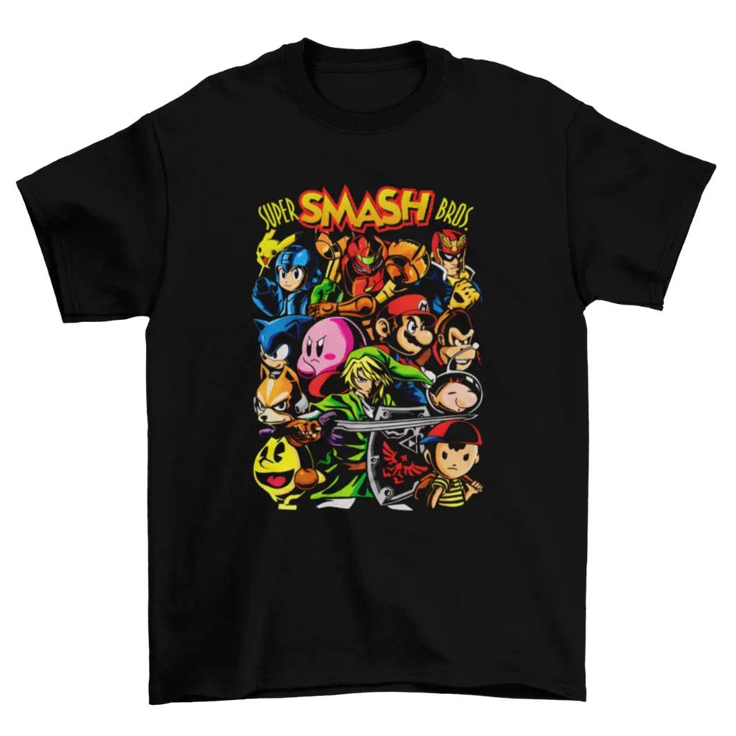 Camiseta Algodão Premium Super Smash Bros – Nintendo 64 – "All-Stars Roster Art"