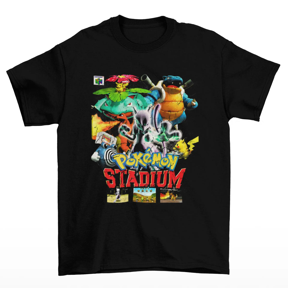 Camiseta Algodão Premium Pokémon Stadium | Blastoise, Venusaur & Mewtwo | N64 Legends