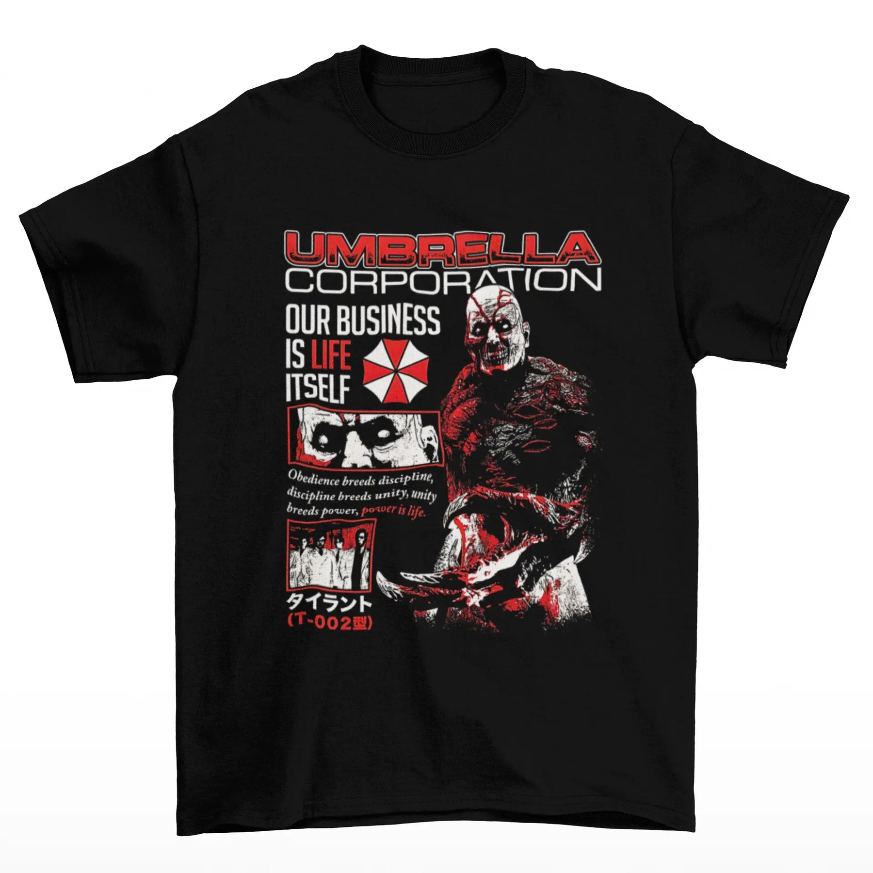 Camiseta Algodão Premium Resident Evil Umbrella Corporation: "Our Business Is Life Itself"